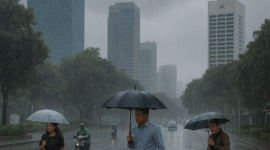 Warga Jakarta melintas di tengah cuaca mendung di kawasan Jakarta Selatan, Selasa (5/8/2025). BMKG memprediksi hujan ringan akan mengguyur beberapa wilayah ibu kota pada siang dan sore hari. (red)