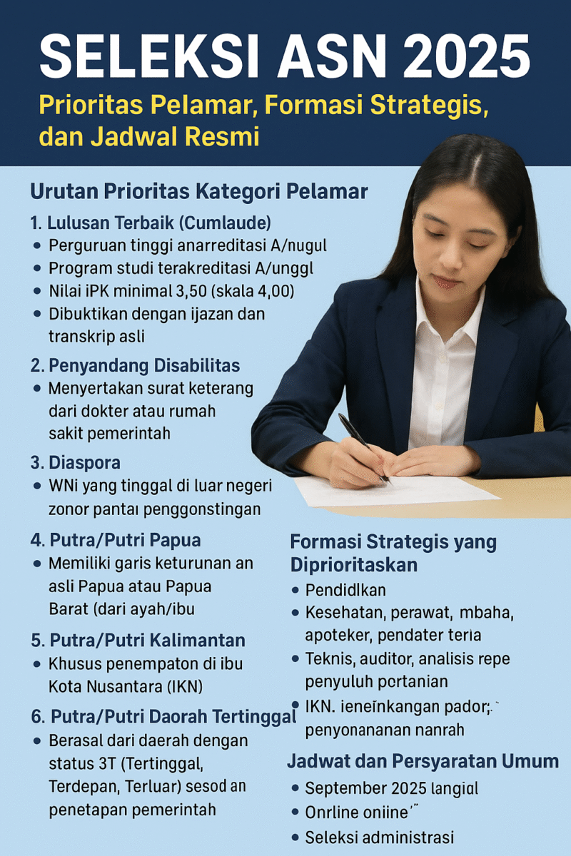 Ilustrasi proses seleksi Aparatur Sipil Negara (ASN) 2025. Pemerintah menetapkan prioritas pelamar jalur khusus serta formasi strategis untuk mendukung pemerataan pelayanan publik di seluruh Indonesia. (Dok-Onlinews)