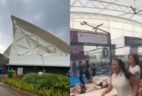 Atap lapangan padel di Taman Villa Meruya, Jakarta Barat, tampak miring dan sobek setelah diterpa hujan deras disertai angin kencang. Dok: Instagram