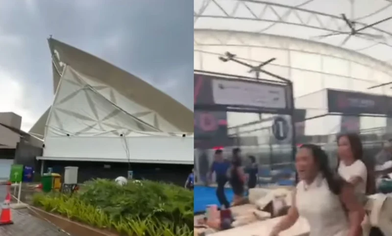 Atap lapangan padel di Taman Villa Meruya, Jakarta Barat, tampak miring dan sobek setelah diterpa hujan deras disertai angin kencang. Dok: Instagram