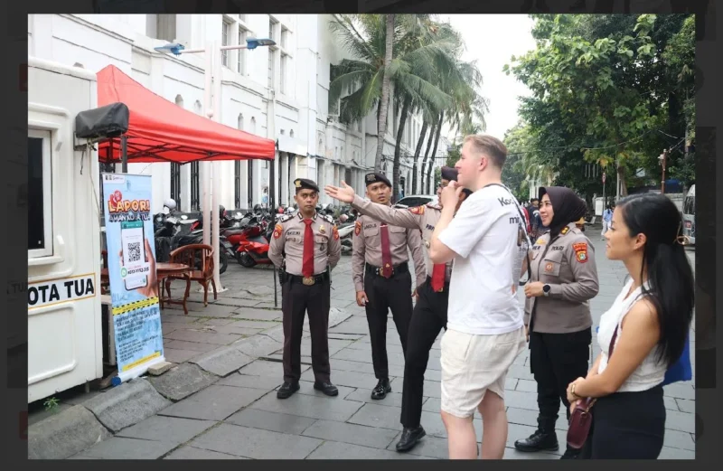 Petugas memberikan informasi kepada wisatawan luar terkait program “Lapor Aman Kota Tua”. Dok: PMJ