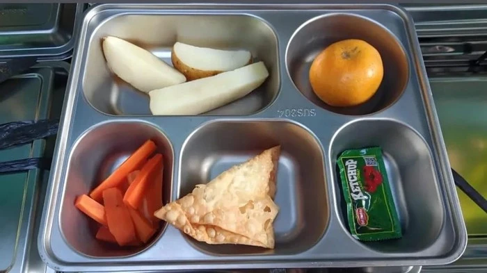 Menu MBG di SDN Mampang, Depok, Jawa Barat viral di medsos. Menu berisi pangsit hingga kentang rebus. Dok: Istimewa