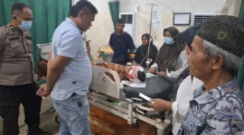 Petugas mengevakuasi korban serangan beruang di kebun karet Desa Suka Damai, Muaro Jambi, Jambi. (Ist)