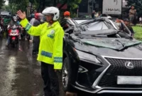 Petugas mengevakuasi mobil Lexus yang tertimpa pohon tumbang di Jalan Metro Pondok Indah, Jakarta Selatan. Dok: TMC PMJ