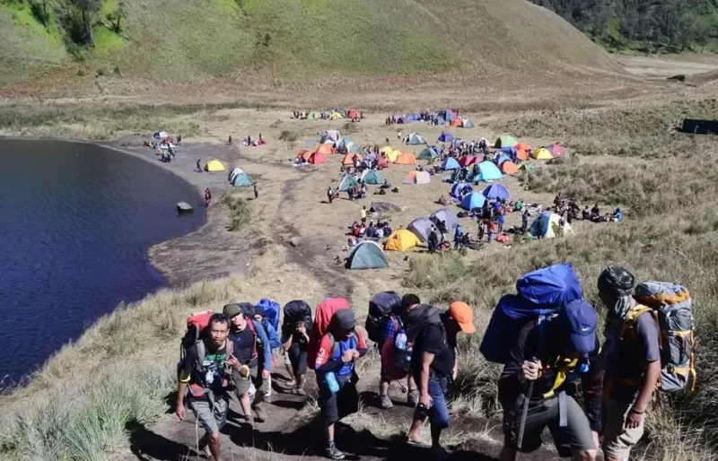 Pendaki bertahan di kawasan Ranu Kumbolo menunggu evakuasi setelah erupsi Gunung Semeru. (Dok: Wisata Gunung Indonesia)
