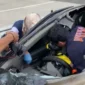 Mobil Nissan X-Trail yang dikendarai kurir ekstasi saat kecelakaan di Tol Bakauheni. (Posnews)