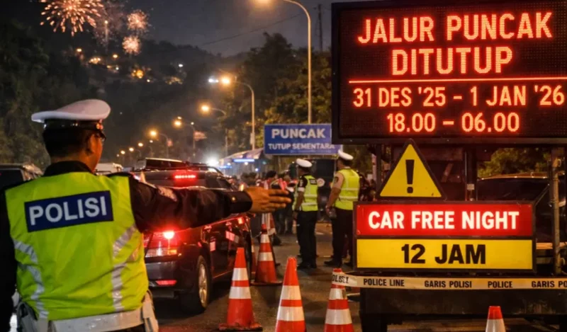 Petugas polisi menutup jalur menuju Kawasan Puncak di Tugu Lampu Gentur Cianjur saat malam pergantian Tahun Baru 2026 untuk mengantisipasi kemacetan. (Posnews/Humas Polda Jabar)