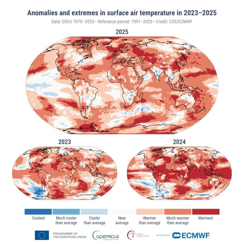 Planet kita baru saja melewati periode tiga tahun terpanas sepanjang sejarah. Ilmuwan memperingatkan bahwa batas 1,5 derajat Celcius bukan lagi ancaman masa depan, melainkan realitas hari ini. Dok: C3S/ECMWF.