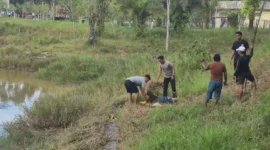 Personel Polres Tarakan mengevakuasi korban serangan buaya di Waduk Persemaian. (Posnews/Ist)