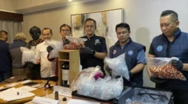 Petugas BNN menunjukkan barang bukti vape liquid narkoba etomidate hasil penggerebekan apartemen di Jakarta Selatan. (Posnews/BNN)