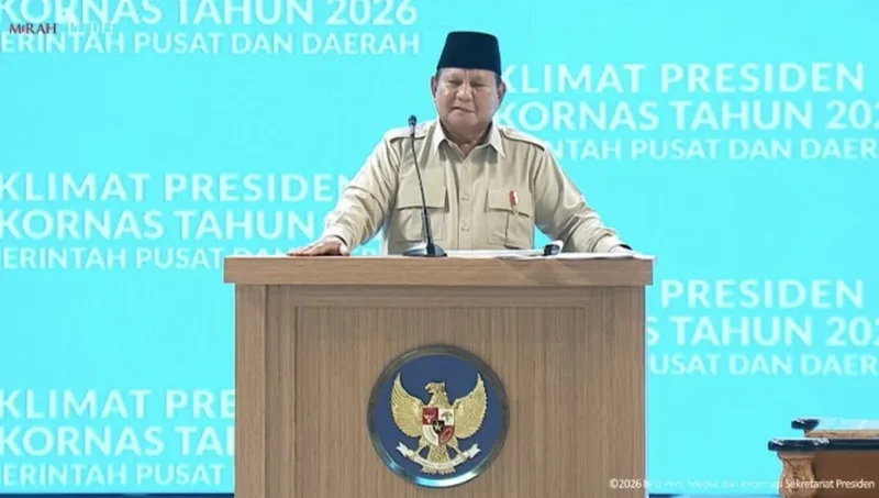Presiden Prabowo Subianto menyampaikan peringatan dampak Perang Dunia Ketiga saat Rakornas 2026 di Bogor. (Posnews/Ist)