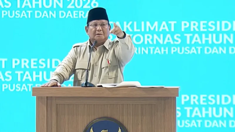 Presiden Prabowo Subianto memberi sambutan di Masjid Istiqlal saat Pengukuhan Pengurus MUI 2025–2030. (Posnews/Ist)