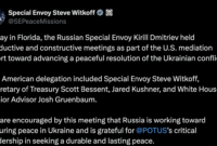 Diplomasi bergerak cepat. Utusan Trump dan Putin bertemu di Florida, sementara Zelenskyy tegaskan masalah tanah hanya bisa selesai jika ia bertemu langsung dengan pemimpin Kremlin. Dok: X.