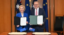 Melawan ketidakpastian dunia. Uni Eropa dan Australia akhirnya menyepakati perjanjian perdagangan bebas guna memperkuat rantai pasok dan mengurangi ketergantungan pada Tiongkok serta Amerika Serikat di tahun 2026. Dok: Kumparan