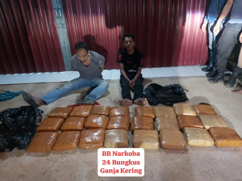 Polisi menunjukkan barang bukti 24 paket ganja seberat 23 kilogram hasil pengungkapan kasus narkoba di Rokan Hulu Riau. (Posnews/Ist)