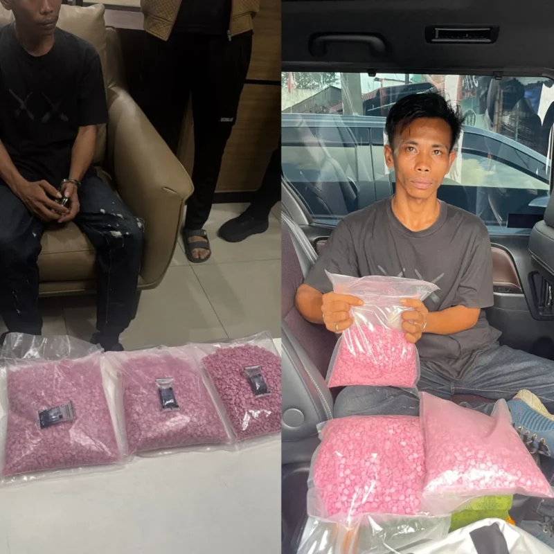 Tersangka Bersama barang bukti 14.580 butir ekstasi hasil pengungkapan Bareskrim. (Posnews/Ist)