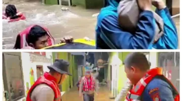 Personel Ditpolairud Polda Metro Jaya mengevakuasi warga Kebon Pala Kampung Melayu Jakarta Timur yang terjebak banjir setinggi 160 cm akibat luapan Sungai Ciliwung. (Posnews/ist)