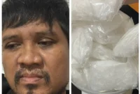 Polisi menunjukkan pelaku dan barang bukti sabu seberat hampir 1 kilogram hasil penangkapan di Morowali Sulawesi Tengah. (Posnews/Ist)