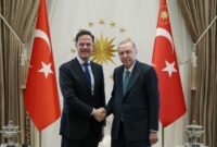 Presiden Turkiye Tayyip Erdogan bertemu dengan Sekretaris Jendral NATO Mark Rutte di Ankara, Turkey, April 22, 2026. Murat Kula/Turkish Presidential Press Office/Handout via REUTERS