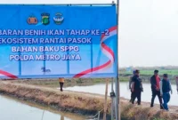Direktur Polairud Polda Metro Jaya Kombes Pol Mustofa bersama warga menebar 300 ribu benih udang windu di tambak kawasan Muaragembong, Kabupaten Bekasi, untuk mendukung ketahanan pangan dan ekonomi pesisir. (Posnews/Ist)