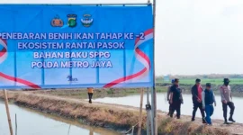 Direktur Polairud Polda Metro Jaya Kombes Pol Mustofa bersama warga menebar 300 ribu benih udang windu di tambak kawasan Muaragembong, Kabupaten Bekasi, untuk mendukung ketahanan pangan dan ekonomi pesisir. (Posnews/Ist)