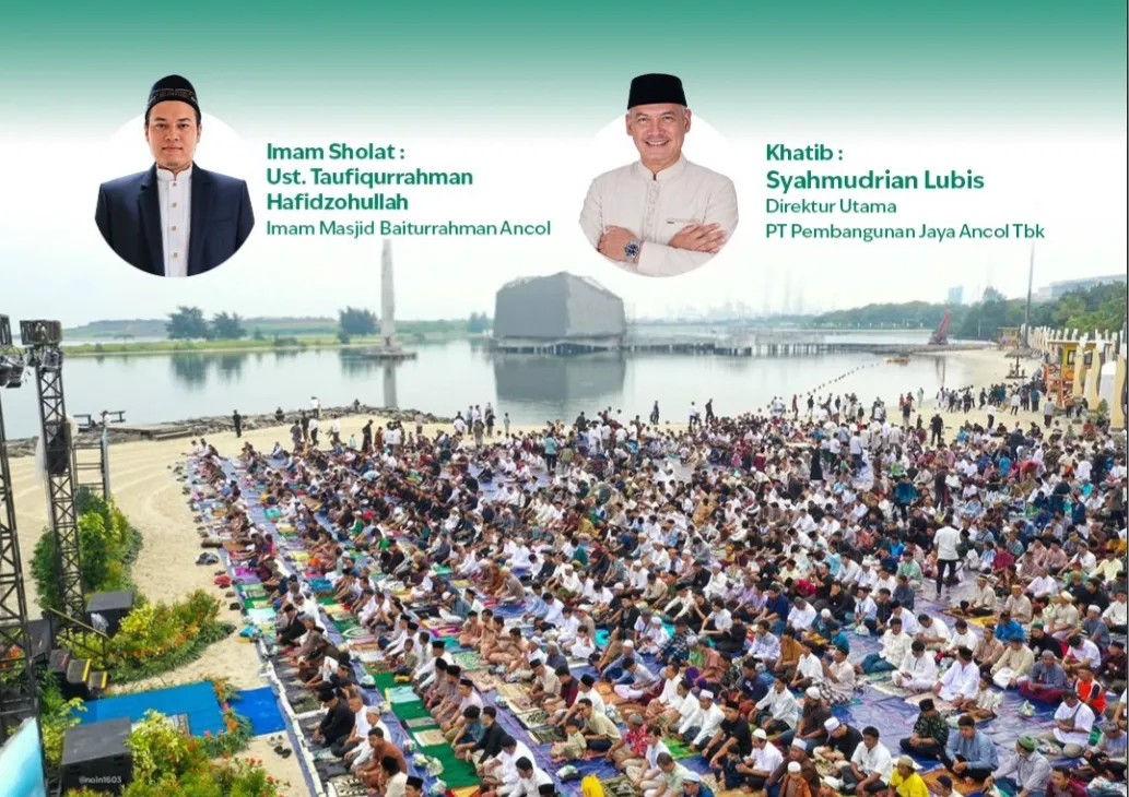 Suasana kawasan Pantai Lagoon Ancol yang menjadi lokasi Salat Idul Adha 1447 H bersama masyarakat dan karyawan Ancol. (Posnews/Ist)