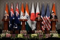 Peringatan dari New Delhi. Para menteri luar negeri aliansi Quad mengumumkan inisiatif maritim, energi, dan pelabuhan guna menjaga stabilitas kawasan Indo-Pasifik dari dominasi Tiongkok. Dok: (AP Photo/Manish Swarup)