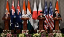 Peringatan dari New Delhi. Para menteri luar negeri aliansi Quad mengumumkan inisiatif maritim, energi, dan pelabuhan guna menjaga stabilitas kawasan Indo-Pasifik dari dominasi Tiongkok. Dok: (AP Photo/Manish Swarup)