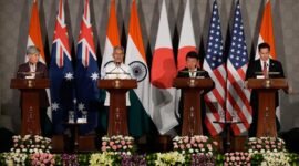 Peringatan dari New Delhi. Para menteri luar negeri aliansi Quad mengumumkan inisiatif maritim, energi, dan pelabuhan guna menjaga stabilitas kawasan Indo-Pasifik dari dominasi Tiongkok. Dok: (AP Photo/Manish Swarup)
