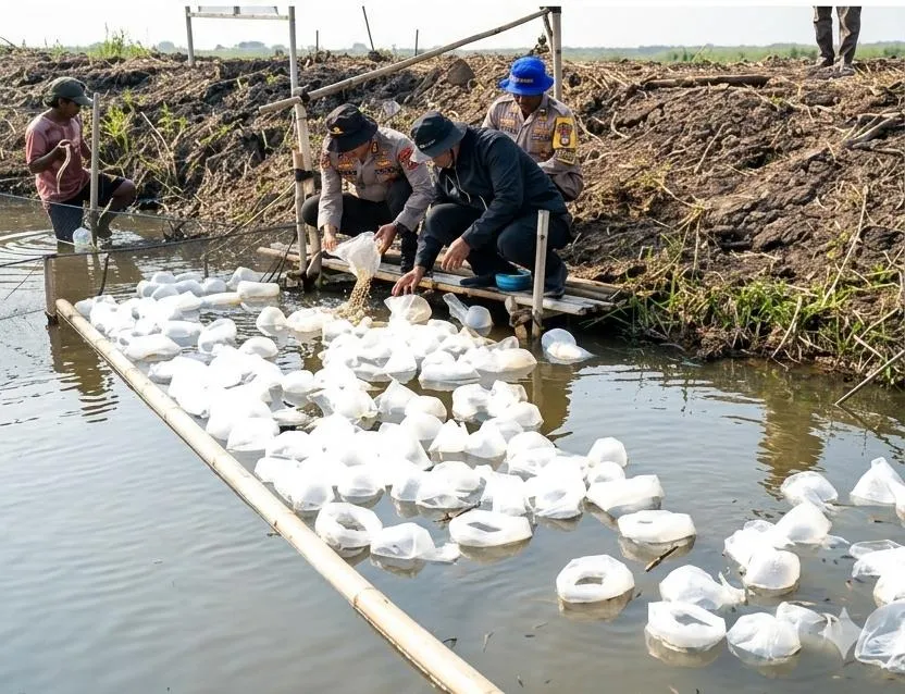 Petugas Ditpolairud Polda Metro Jaya bersama warga menebar benih ikan bandeng dan udang vaname di tambak Muaragembong, Kabupaten Bekasi. (Posnews/Ist)