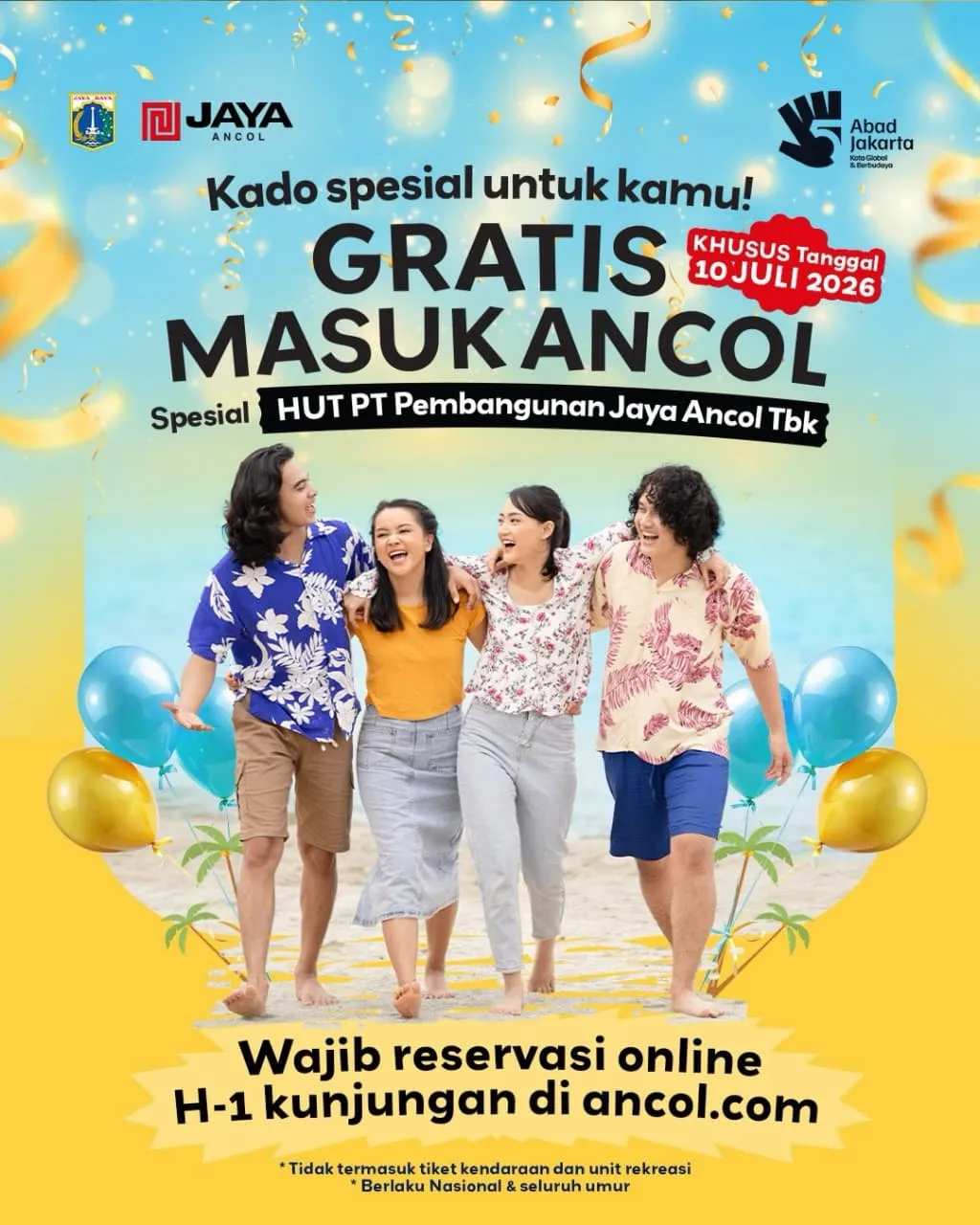 HUT PT Pembangunan Jaya Ancol Tbk, Tiket Masuk Ancol Gratis Sehari Penuh. (Posnews/Ancol)
