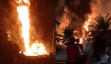 Petugas pemadam kebakaran berupaya memadamkan kobaran api akibat ledakan sumur minyak tradisional di Gampong Lhok Lemak, Kabupaten Aceh Timur, Minggu (5/7/2026). (Posnews/Tangkapan layar video)