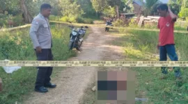 Polisi melakukan olah TKP usai duel parang yang menewaskan seorang pria di Desa Lalemba, Kecamatan Lawa, Kabupaten Muna Barat, Sulawesi Tenggara. (Posnews/Polsek Lawa)