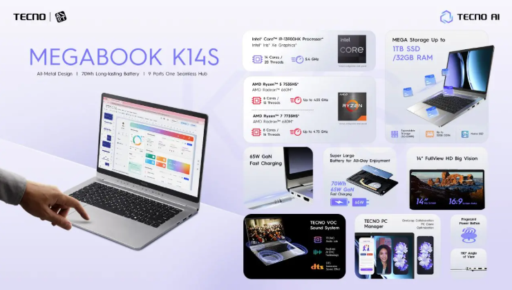 Solusi komputasi serbabisa. TECNO merilis laptop MEGABOOK K14S di Indonesia yang menawarkan performa hingga Intel Core i9 serta sembilan port fisik lengkap. Dok: Istimewa.