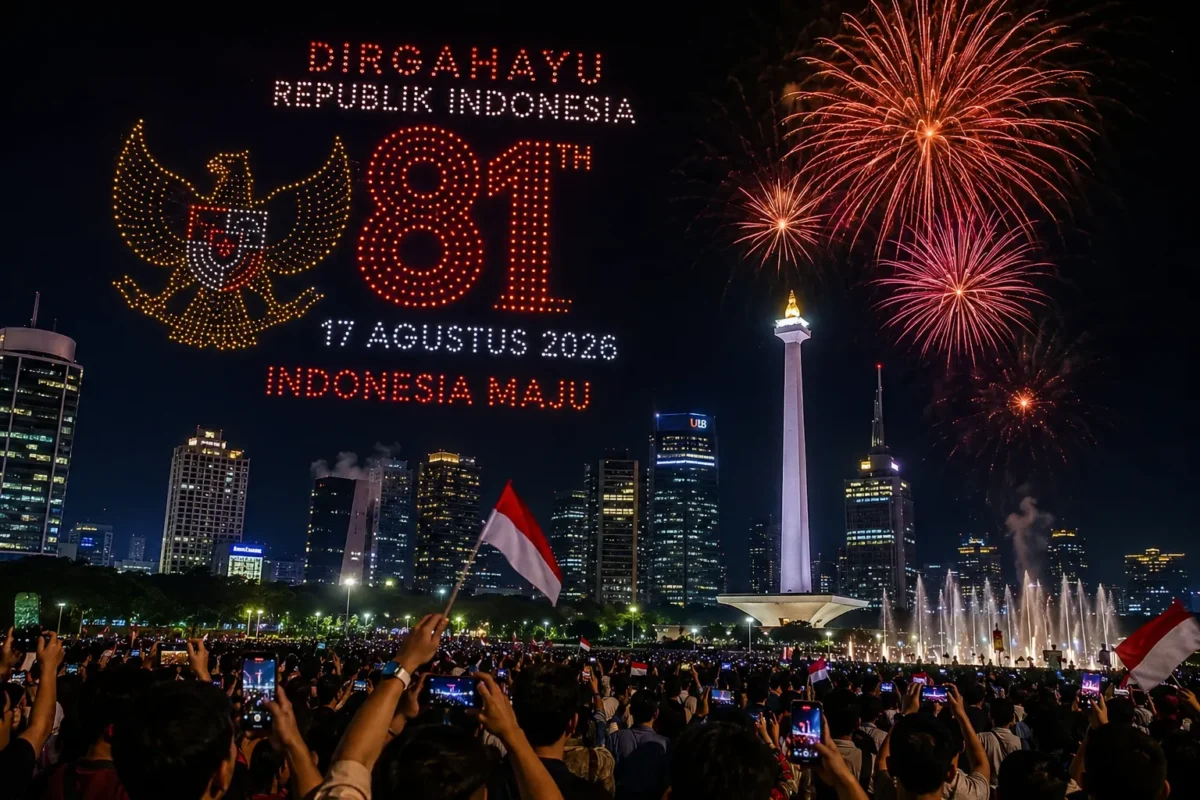 Pertunjukan 1.500 drone dan pesta kembang api memeriahkan HUT ke-81 RI di Jakarta.
