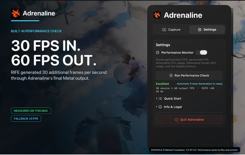 Developer indie menciptakan aplikasi Frame Generation bernama Adrenaline untuk PC berbasis Mac. Dok: Istimewa.