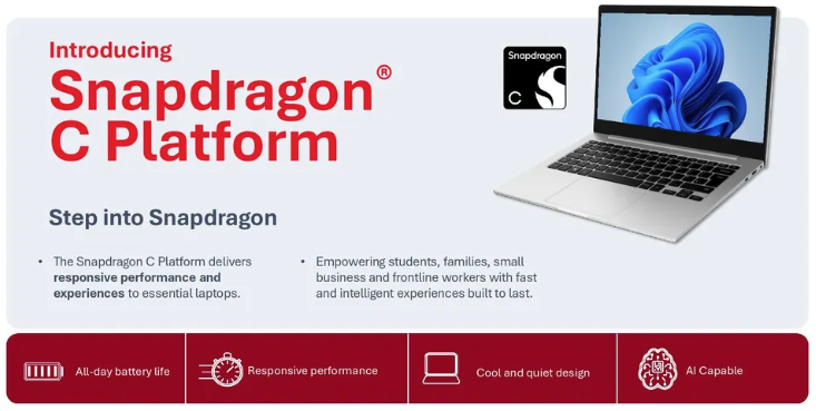 Qualcomm mengumumkan spesifikasi lengkap Snapdragon C untuk laptop entry-level mulai harga USD 300. Dok: Istimewa.
