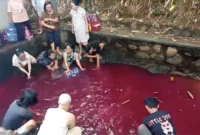Viral, Air Kolam di Gunung Sindur Mendadak Merah, Polisi Cek Lokasi. (Posnews/Ist)
