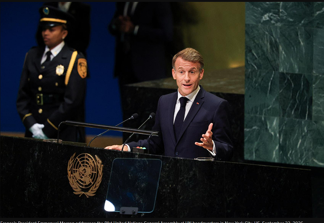 Presiden Prancis Emmanuel Macron mengecam klaim perdamaian Gaza buatan Donald Trump di Sidang Umum PBB. Simak rincian pidato terakhirnya. Dok: Istimewa.