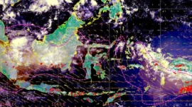 Citra sebaran asap karhutla BMKG yang menunjukkan asap melintasi Jakarta, Banten, dan Jawa Barat. (Posnews/BMKG)
