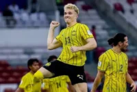 Pemain Malaysia Fergus Tierney merayakan kemenangan 1-0 atas Vietnam dalam FIFA ASEAN Cup 2026 di SUGBK. (Posnews/Instagram famalsyia)
