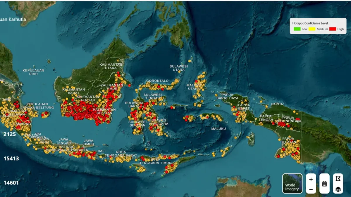 Pemantauan titik panas karhutla melalui SiPongi Kementerian Kehutanan di enam provinsi prioritas pada 23 Oktober 2026.
