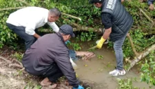 Petugas kepolisian melakukan penanganan tempat kejadian perkara penemuan jasad Muhammad Imran di parit perkebunan sawit di Dadimulyo, Asahan. (Posnews/Ist)