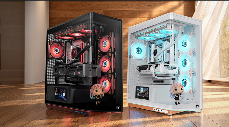 Thermaltake merilis casing PC Stage 500 TG ARGB dengan kaca melengkung dan panggung pajangan. Simak spesifikasi lengkapnya di sini. Dok: Istimewa.