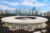 Suasana kawasan Stadion Utama Gelora Bung Karno menjelang final Indonesia vs Thailand FIFA ASEAN Cup 2026
